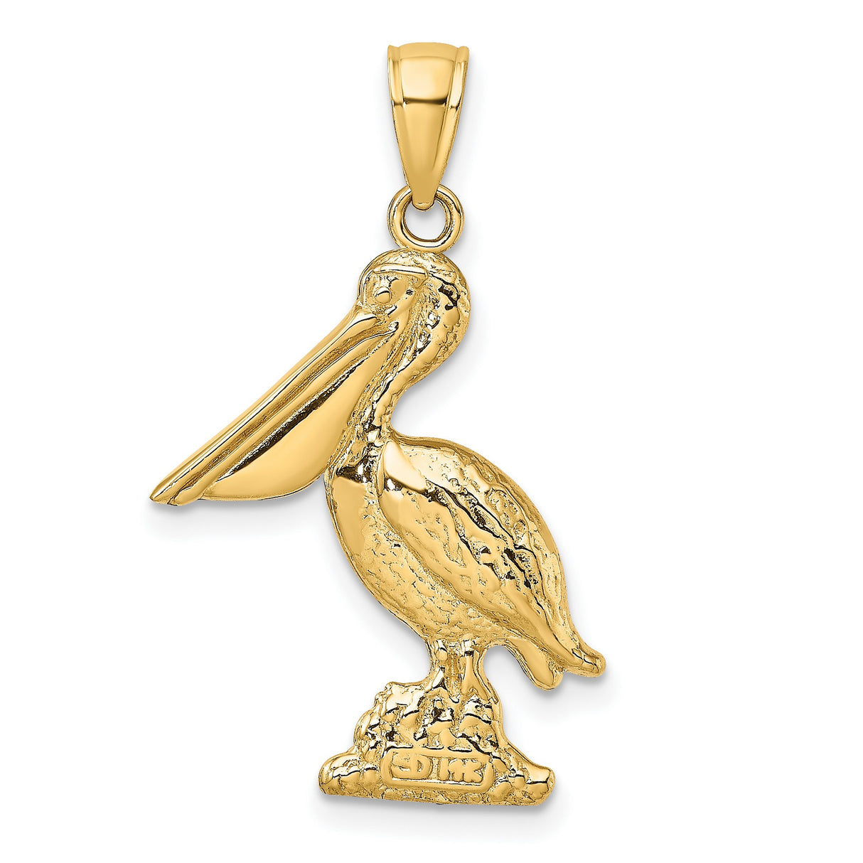 14k Yellow Gold Pelican Pendant, Detailed Standing Pelican on Textured Base, Nautical Charm
