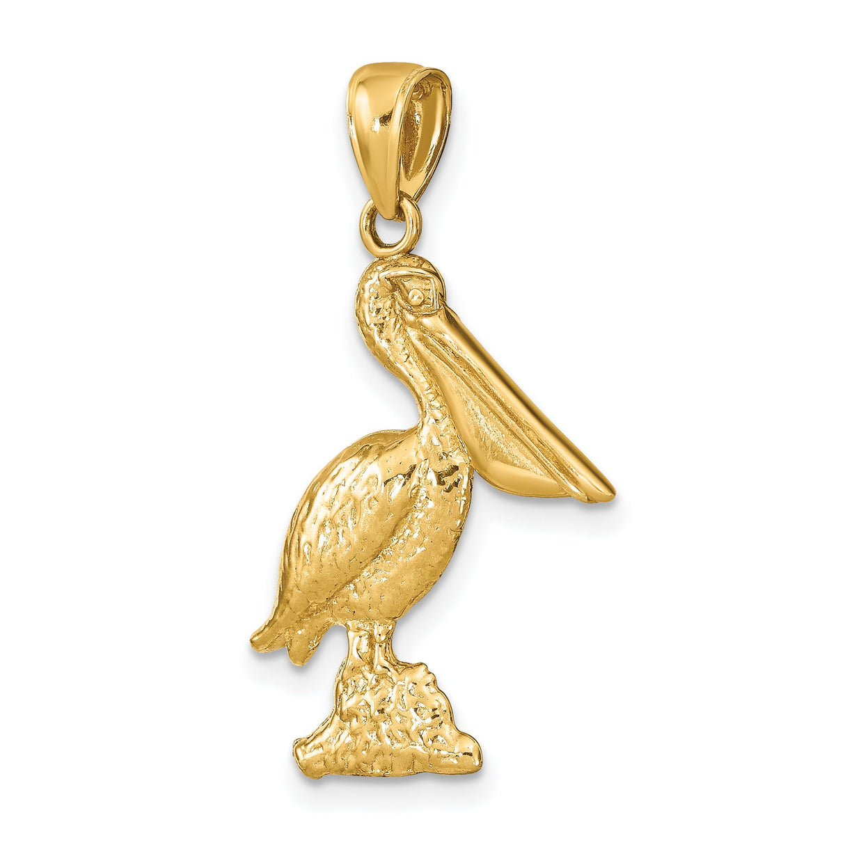 14k Yellow Gold Pelican Pendant, Detailed Standing Pelican on Textured Base, Nautical Charm