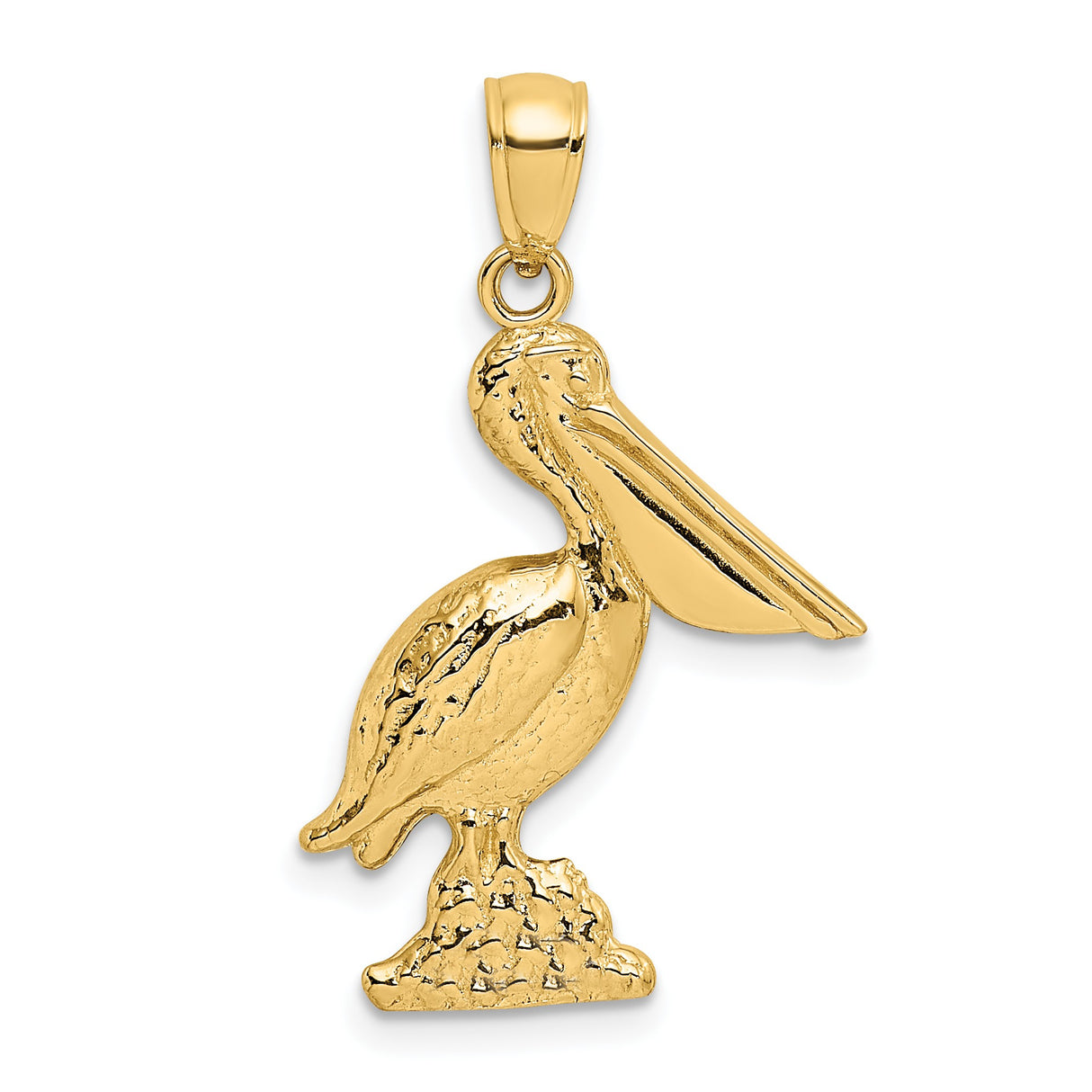14k Yellow Gold Pelican Pendant, Detailed Standing Pelican on Textured Base, Nautical Charm
