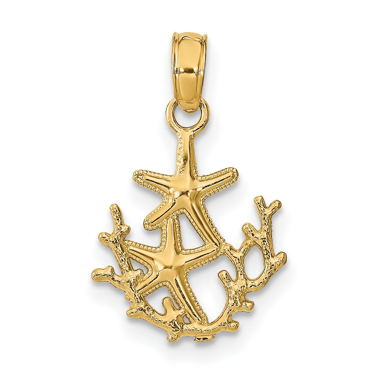 14k Yellow Gold Pendant with Textured Starfish and Coral Design, Ocean Inspired Jewelry