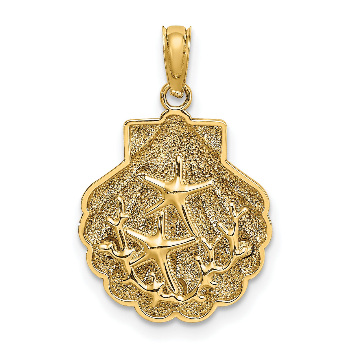 14k Yellow Gold Seashell Pendant with Starfish and Coral Accents, Ocean-Themed Charm