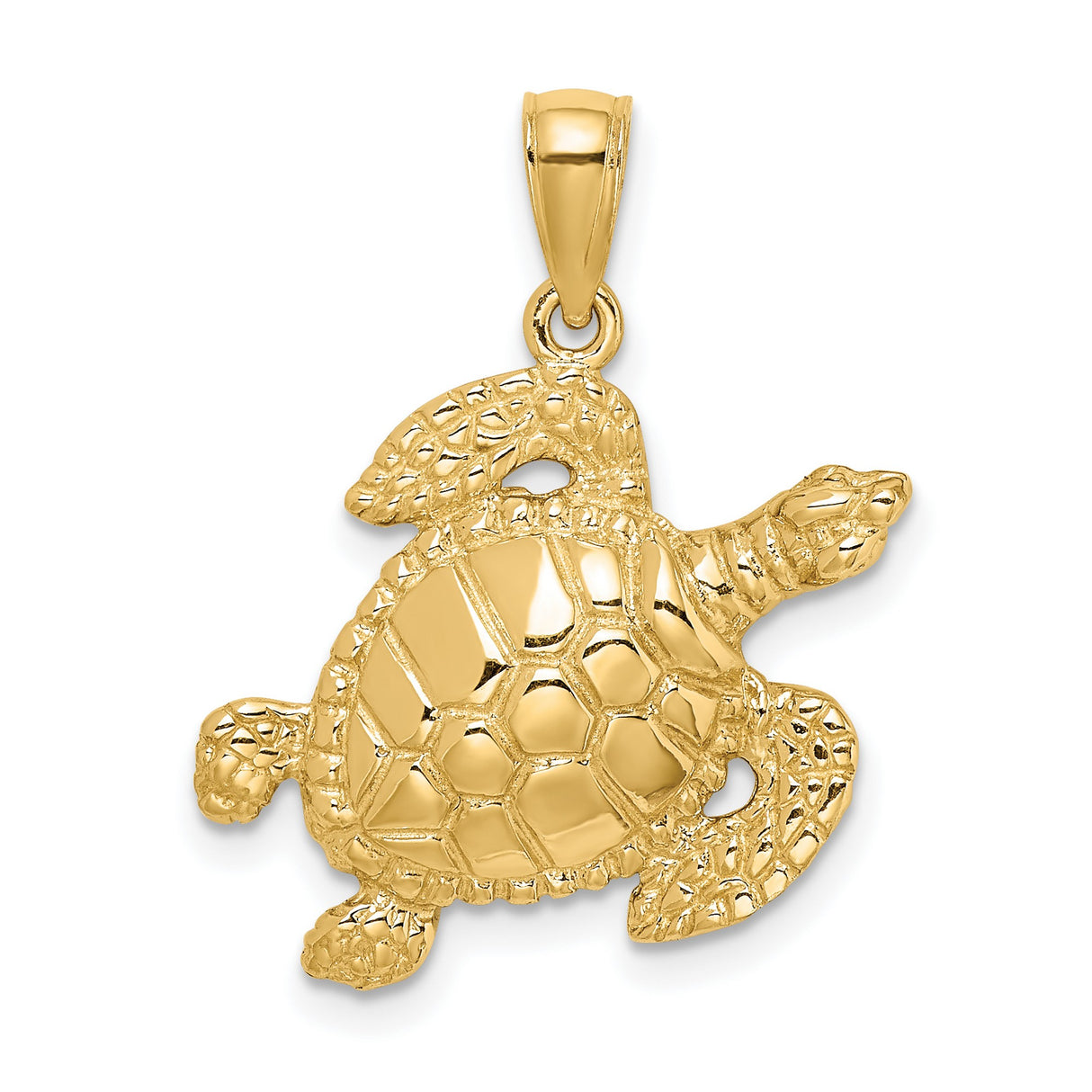 14k Yellow Gold Sea Turtle Pendant, Realistic Textured Design, Nautical Ocean Animal Charm