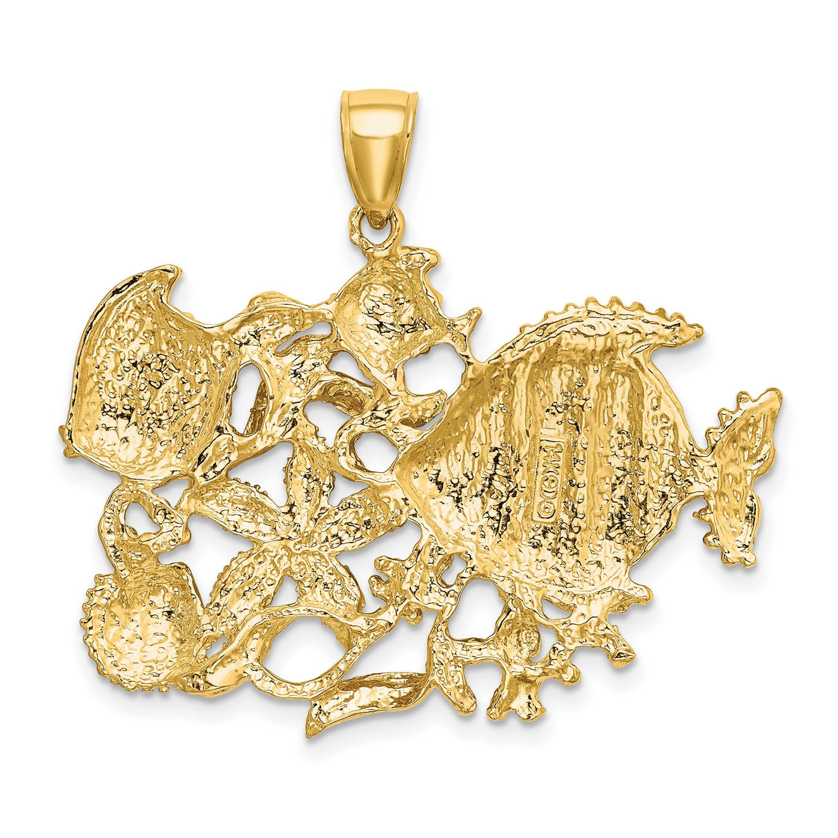14k Yellow Gold Ocean Pendant with Starfish, Fish, and Seashell Design