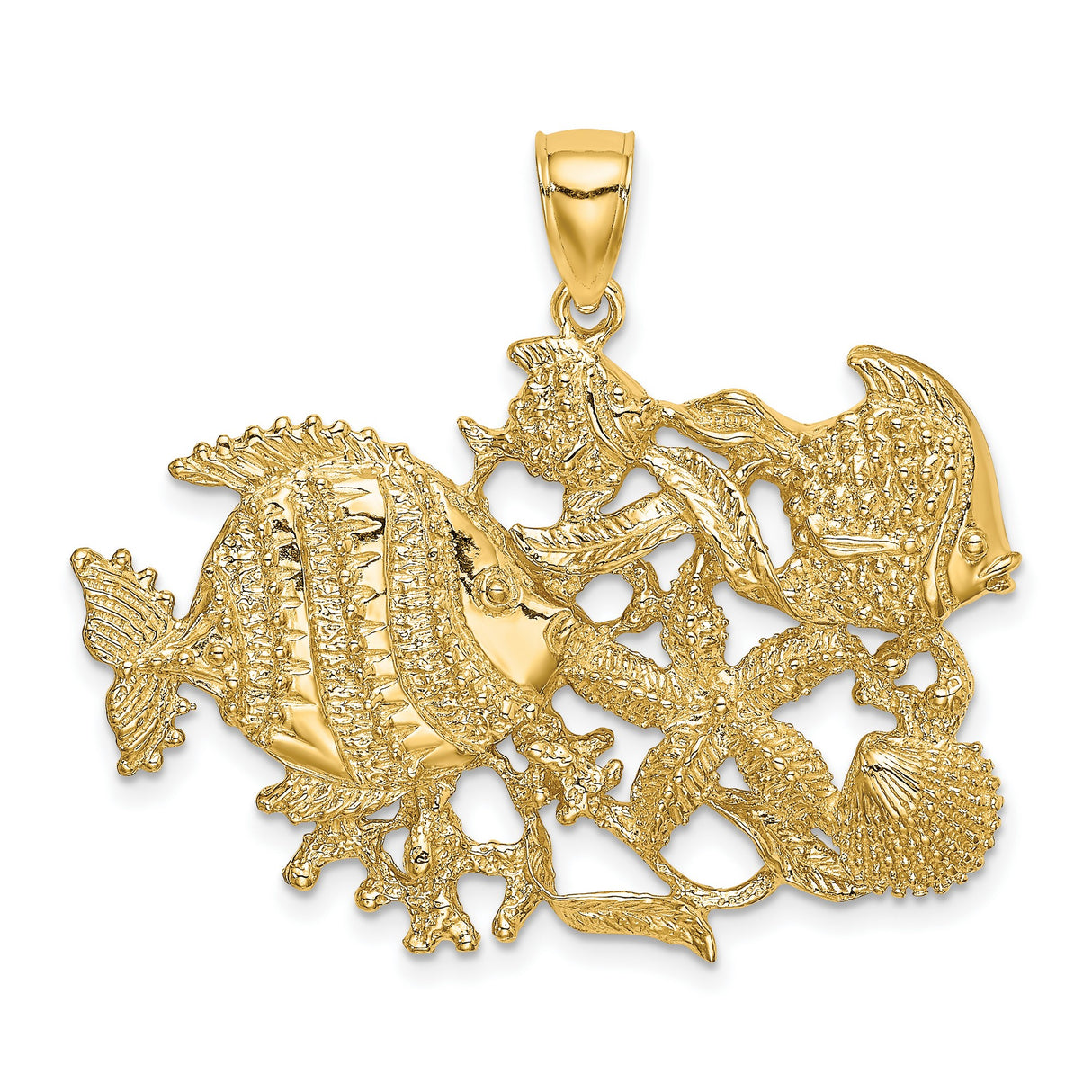 14k Yellow Gold Ocean Pendant with Starfish, Fish, and Seashell Design