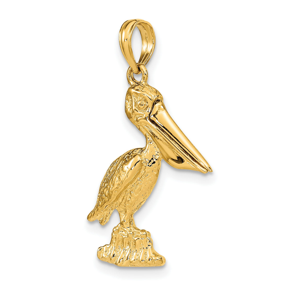 14k Yellow Gold Pelican Pendant with Detailed Bird on Rock, Nautical Coastal Charm