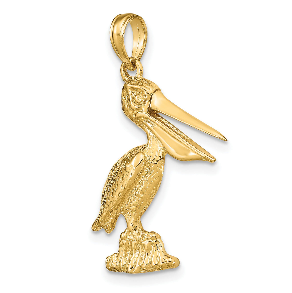 14k Yellow Gold Pelican Pendant with Detailed Bird on Rock, Nautical Coastal Charm