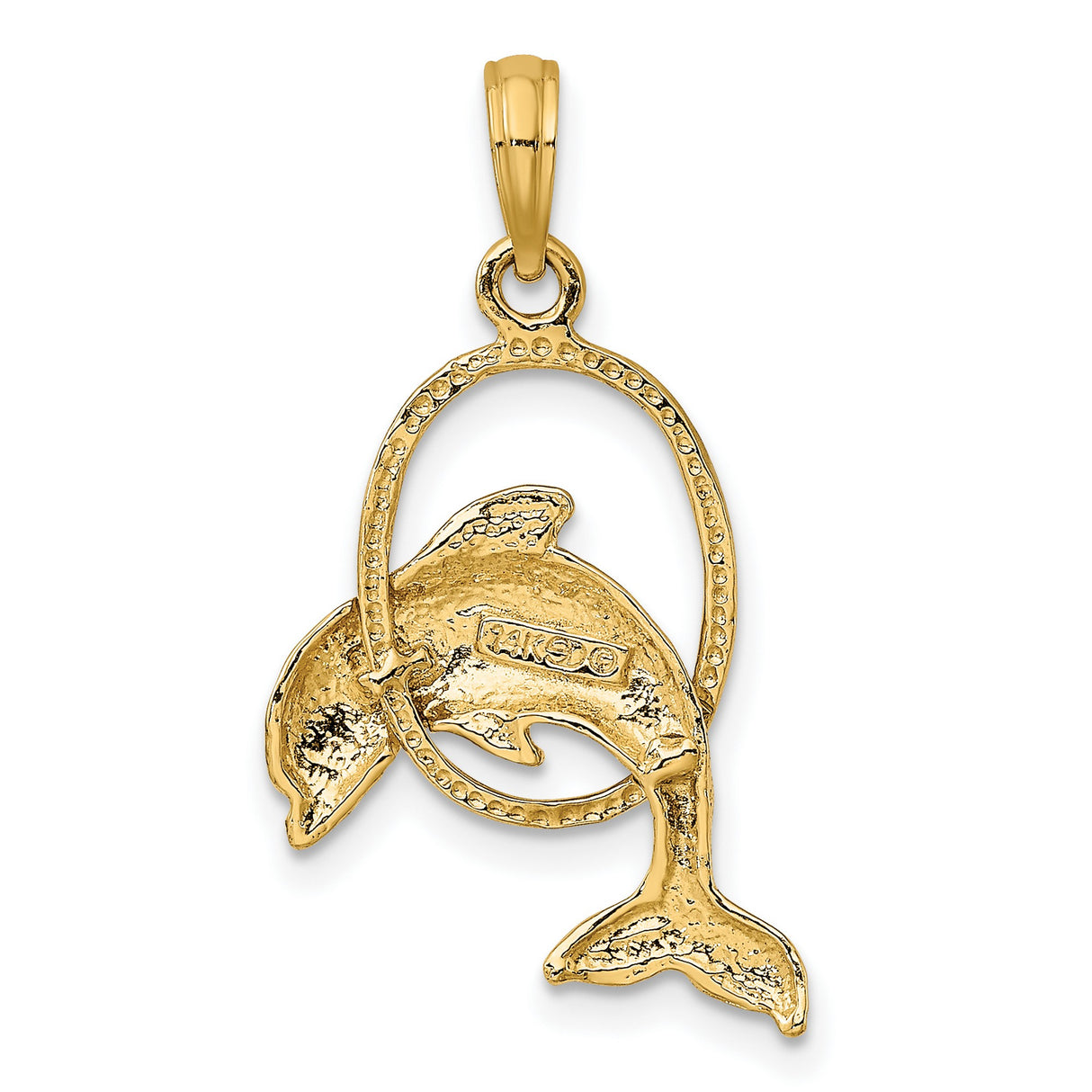 14k Yellow Gold Dolphin Pendant with Jumping Dolphin in Oval Frame, Nautical Animal Charm