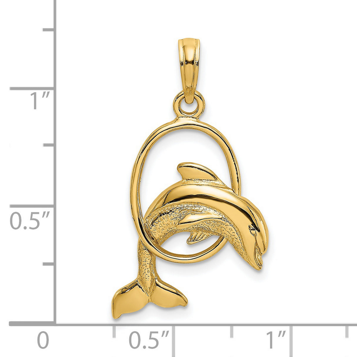 14k Yellow Gold Dolphin Pendant with Jumping Dolphin in Oval Frame, Nautical Animal Charm
