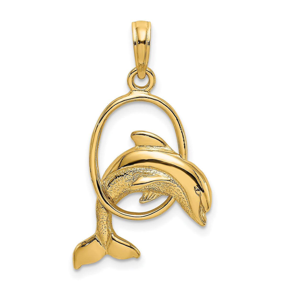 14k Yellow Gold Dolphin Pendant with Jumping Dolphin in Oval Frame, Nautical Animal Charm