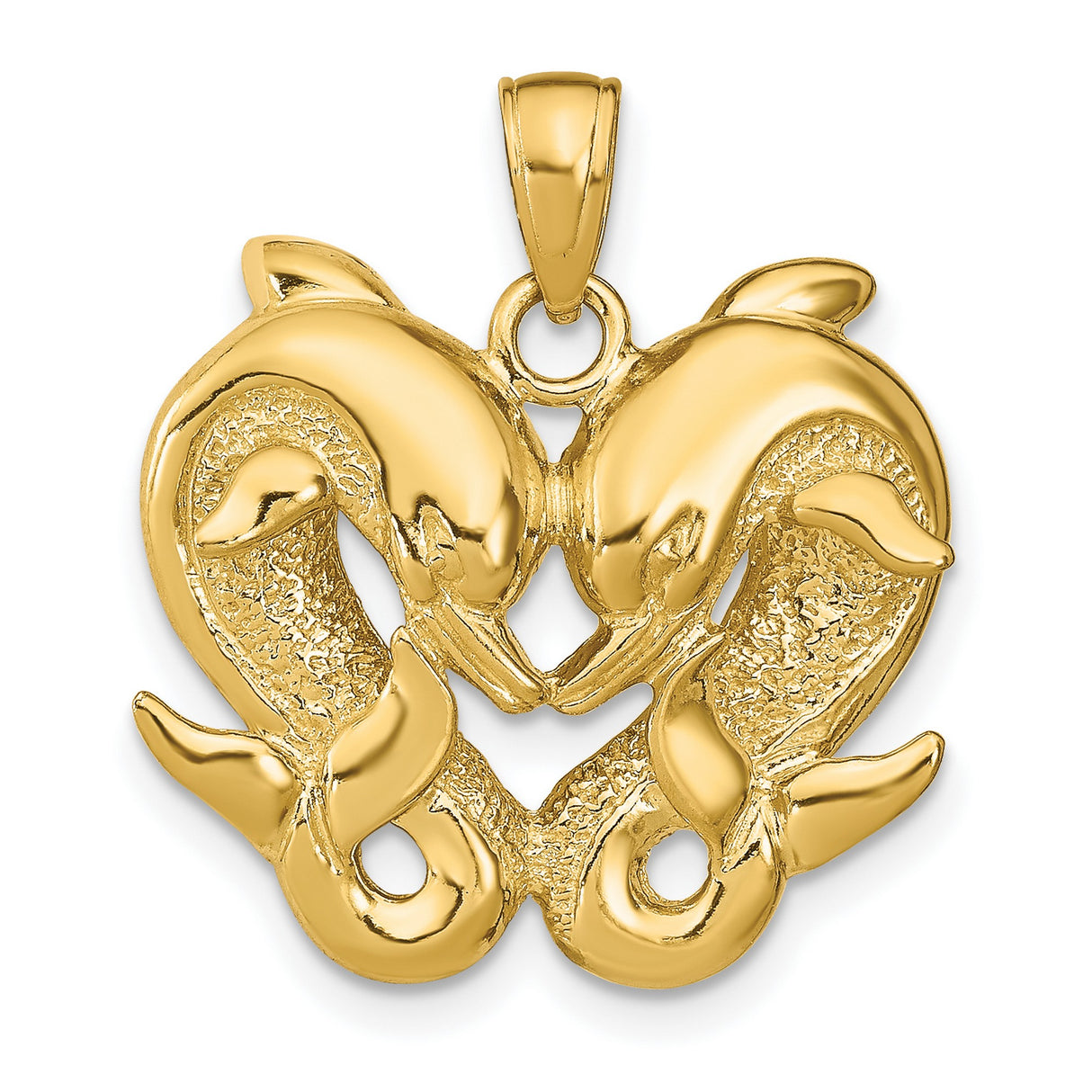 14k Yellow Gold Dolphin Heart Pendant with Two Dolphins Forming Heart Shape, Ocean Theme Jewelry