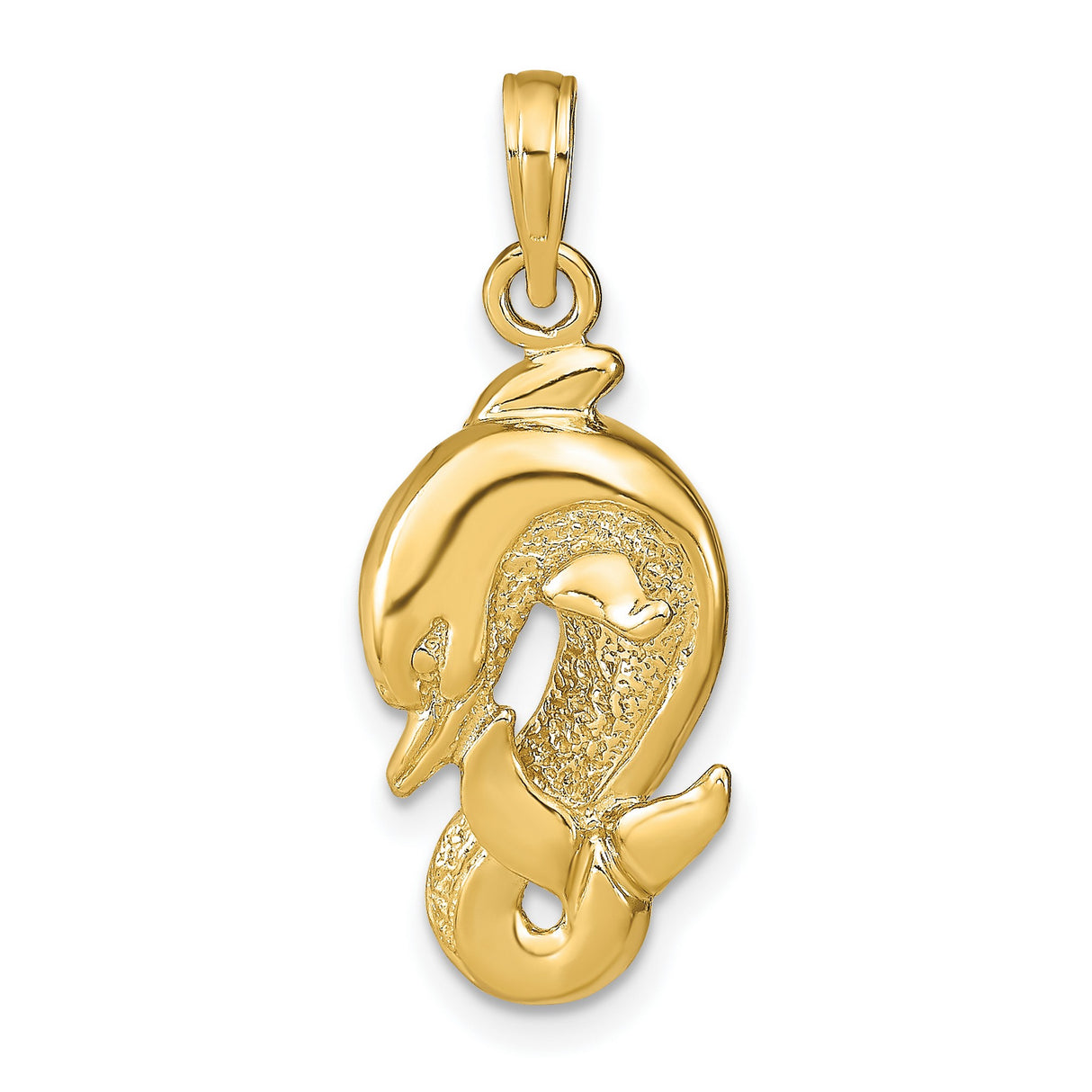 14k Yellow Gold Dolphin Pendant, Curved Design, Ocean Animal Theme Jewelry