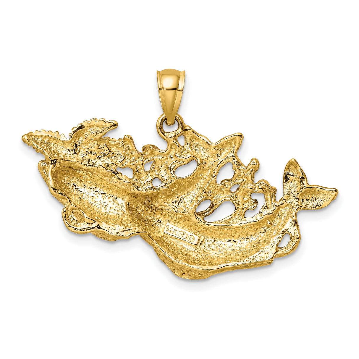 14k Yellow Gold Dolphin Pendant with Two Dolphins Leaping Through Waves, Ocean Theme Jewelry