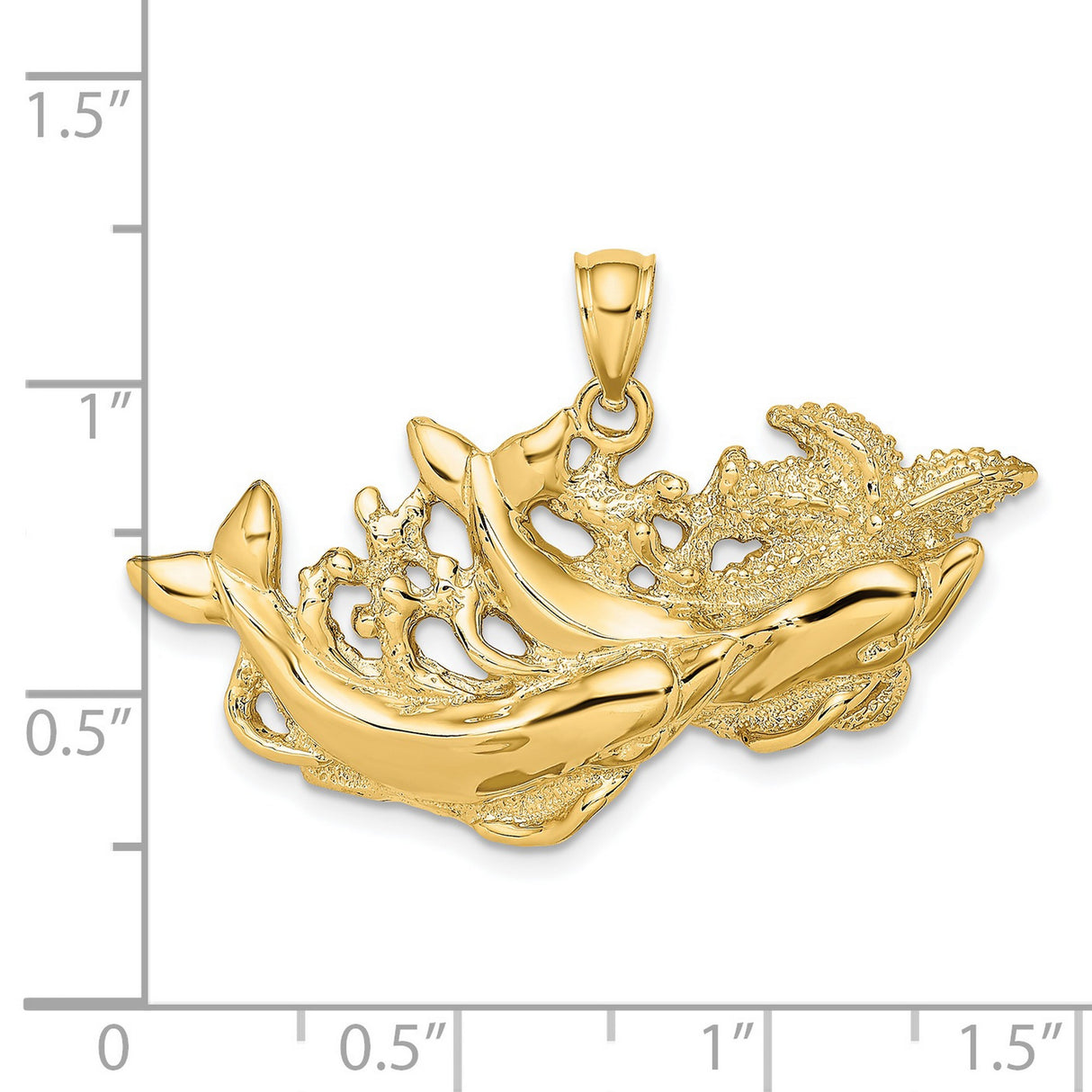 14k Yellow Gold Dolphin Pendant with Two Dolphins Leaping Through Waves, Ocean Theme Jewelry