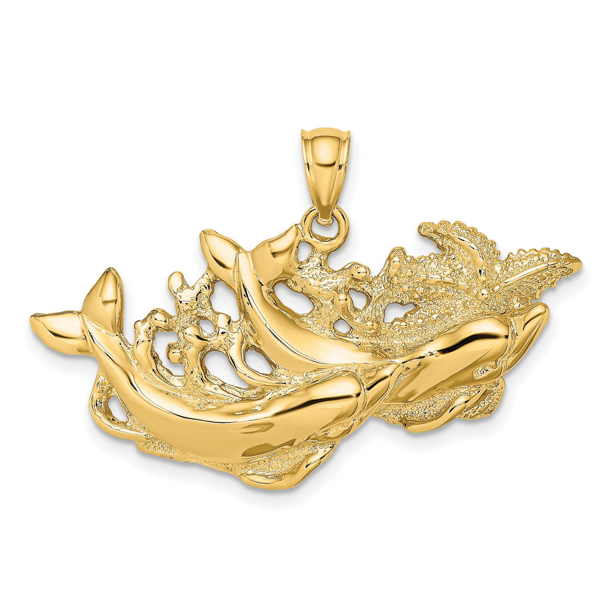 14k Yellow Gold Dolphin Pendant with Two Dolphins Leaping Through Waves, Ocean Theme Jewelry