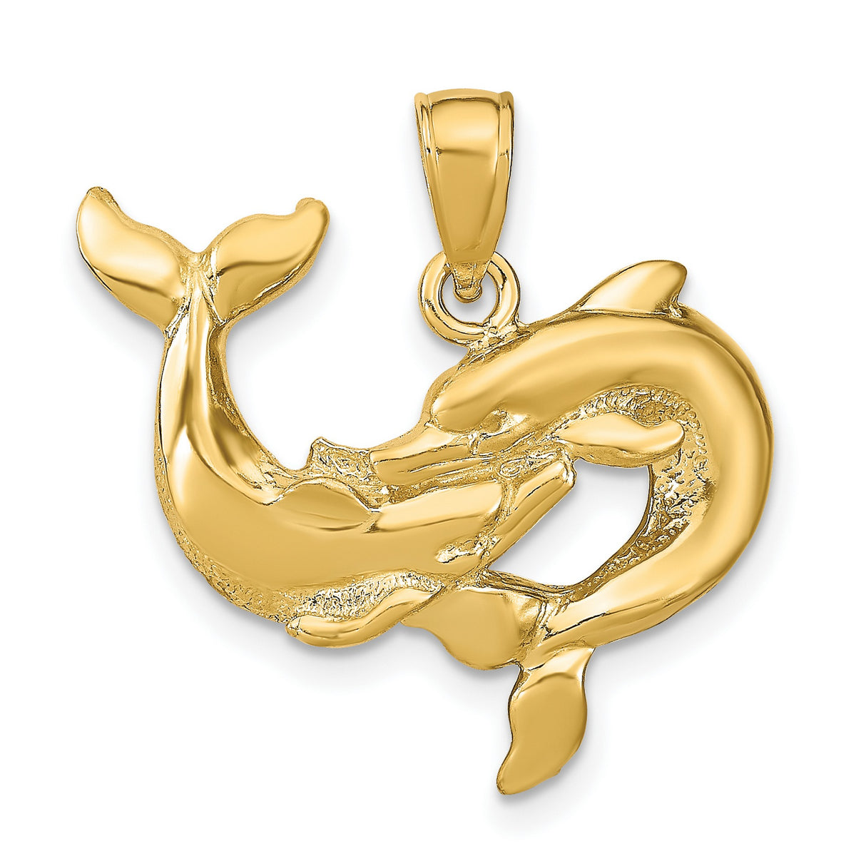 14k Yellow Gold Dolphin Pendant with Intertwined Dolphins, Ocean Life Theme