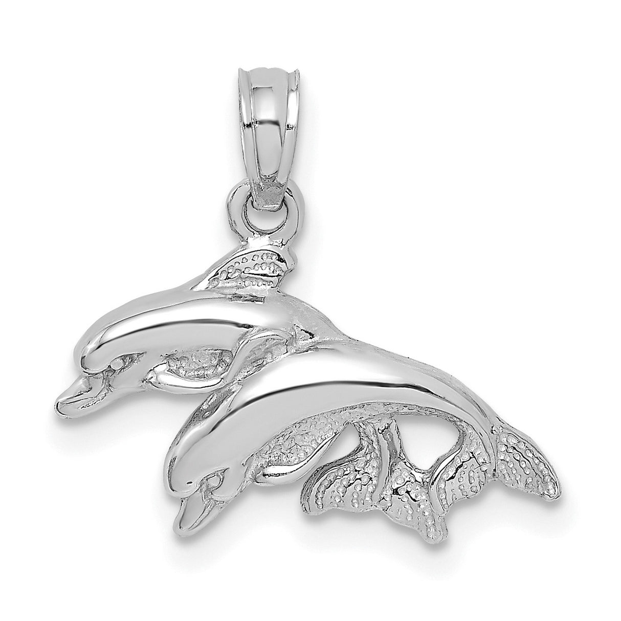 14k White Gold Dolphin Pendant with Flowing Two-Dolphin Design, Nautical Ocean Theme Jewelry