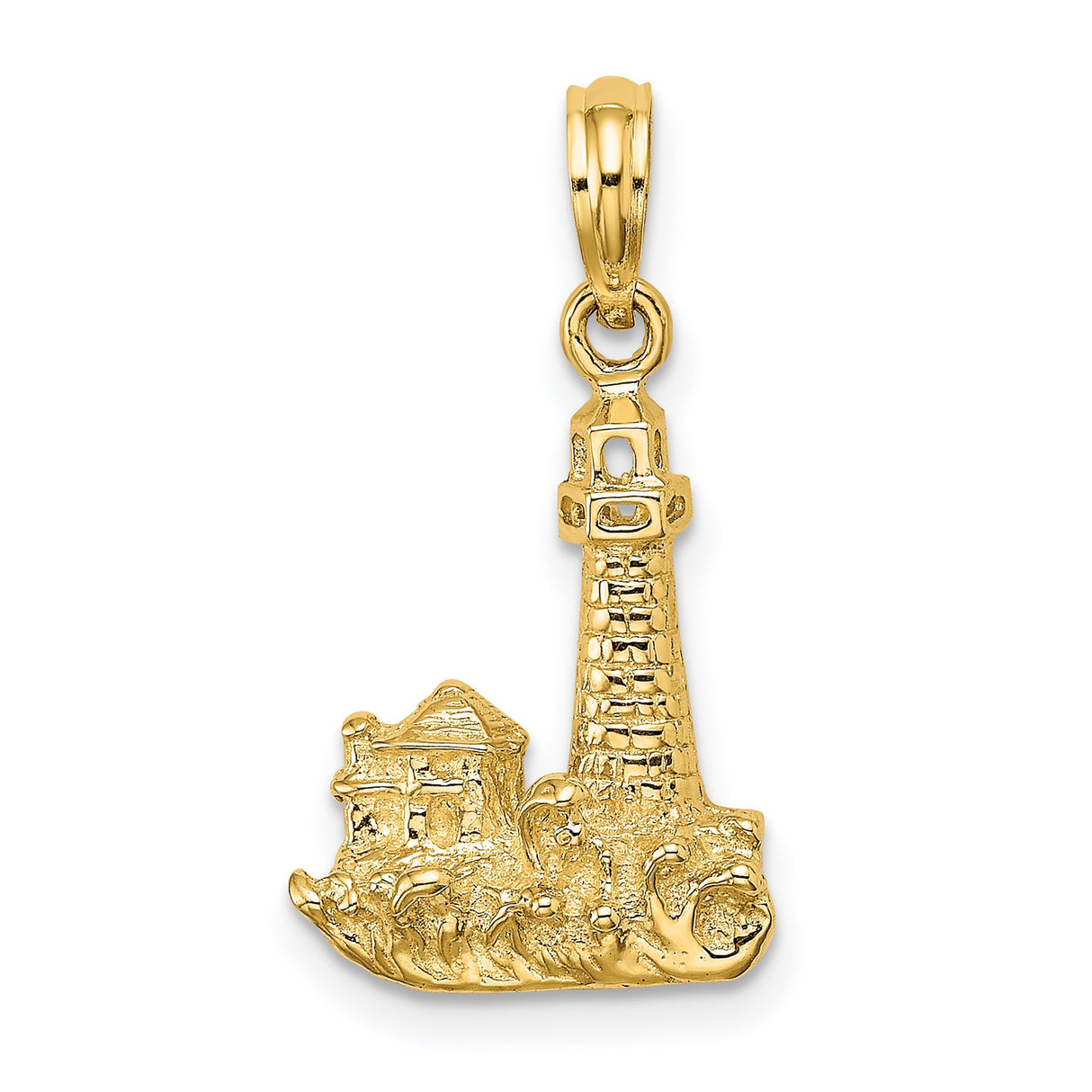 14k Yellow Gold Pendant with Lighthouse, Coastal Scene and Waves , Nautical Marine Charm