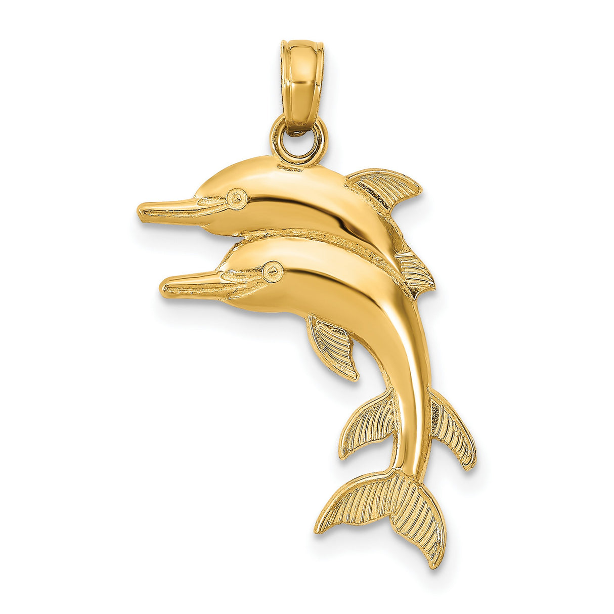 14k Yellow Gold Dolphin Pendant with Two Jumping Dolphins, Ocean Animal Charm