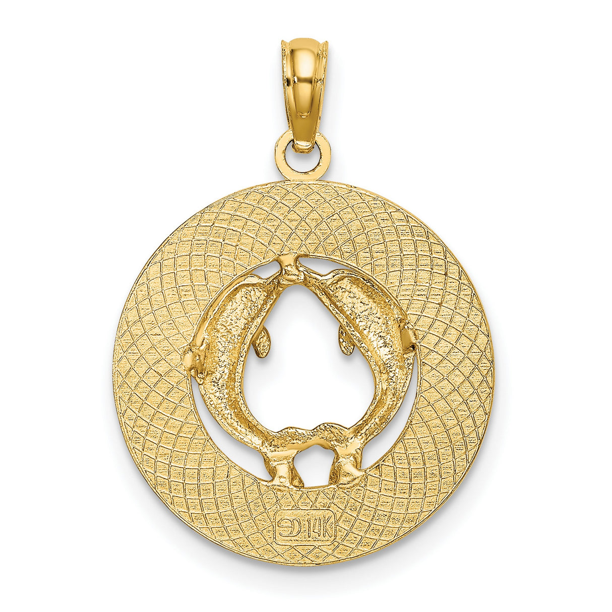 14k Yellow Gold Dolphin Pendant, Circle Charm with Two Dolphins, Nautical Ocean Theme