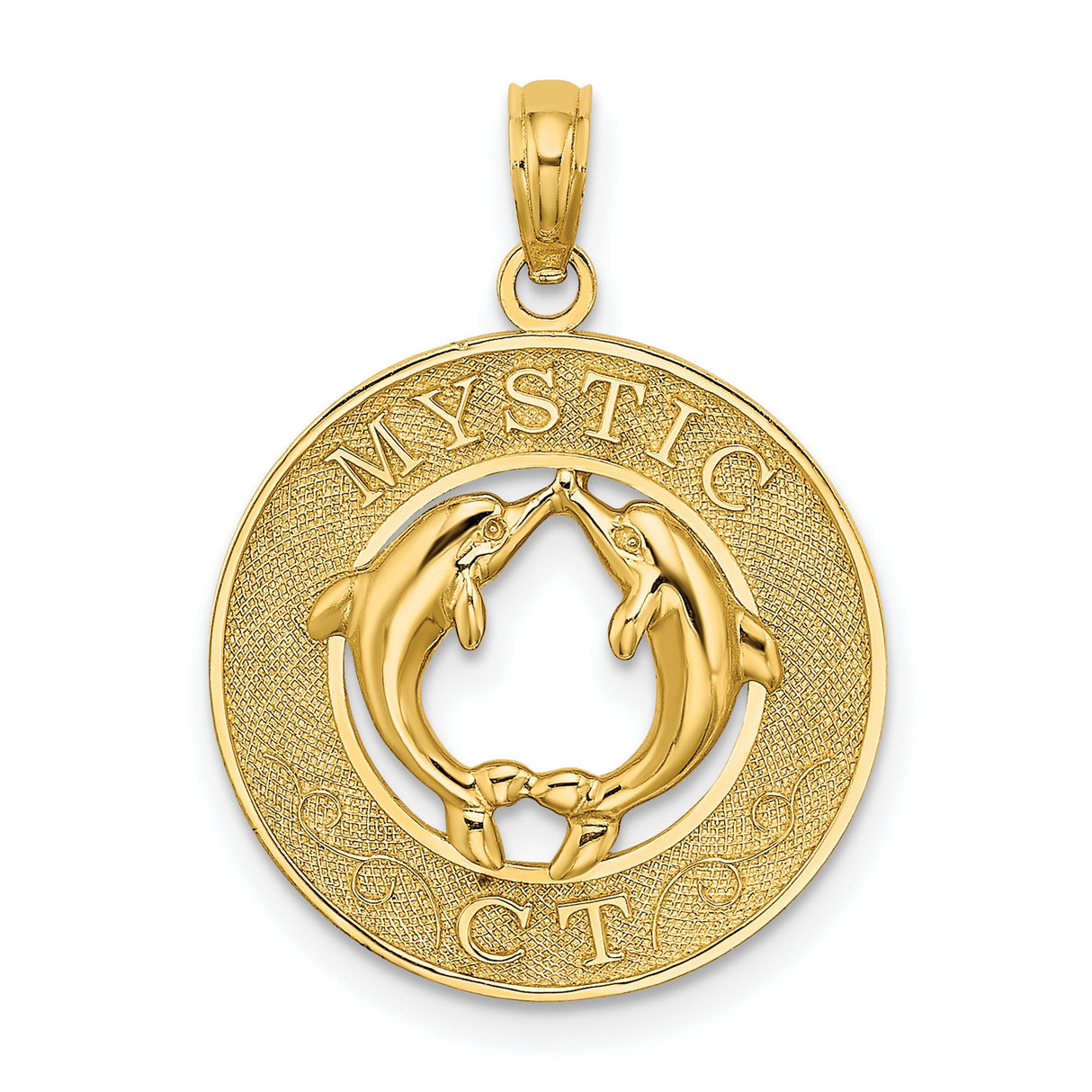 14k Yellow Gold Dolphin Pendant, Circle Charm with Two Dolphins, Nautical Ocean Theme