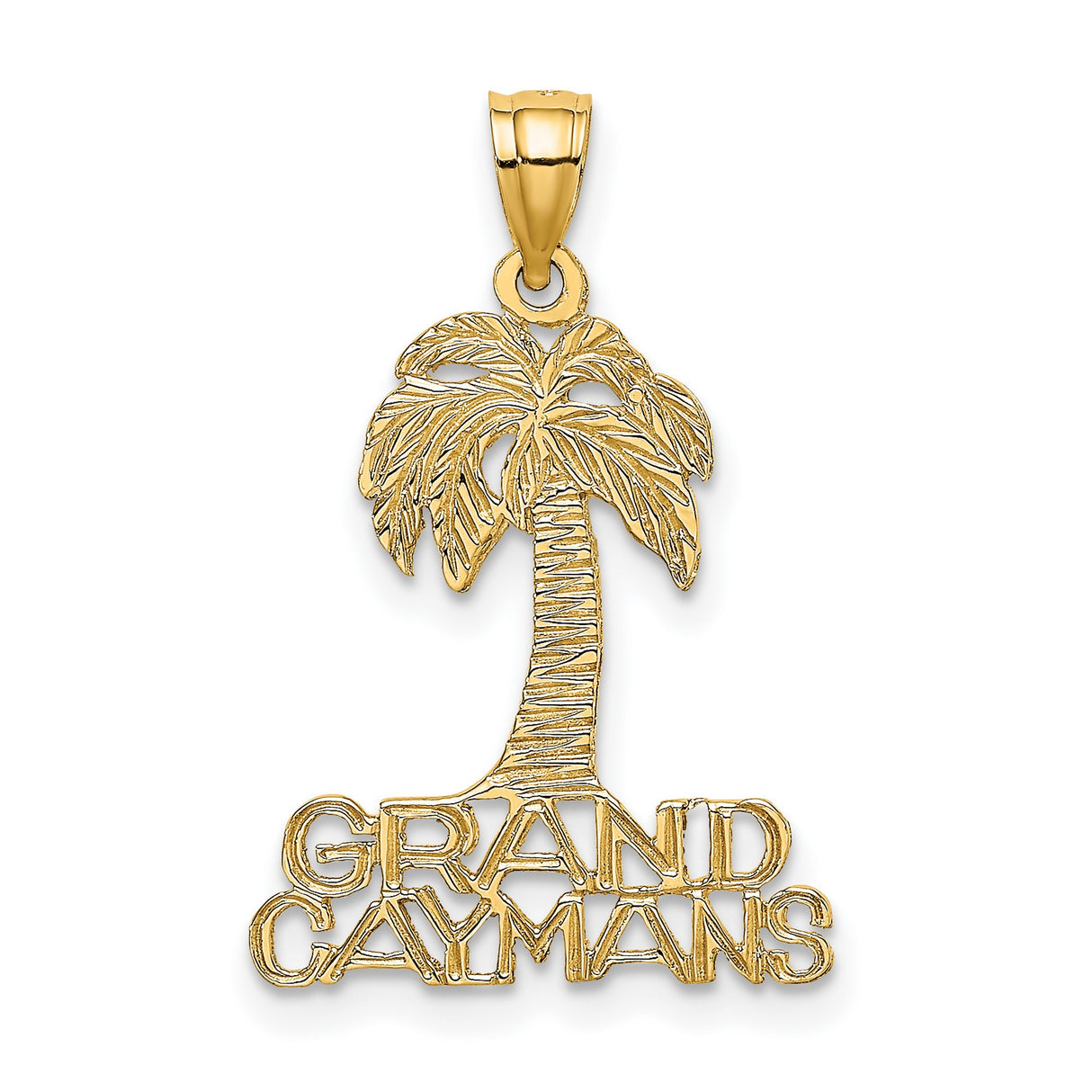 14k Yellow Gold Palm Tree Pendant with Grand Caymans Engraving, Tropical Vacation Charm