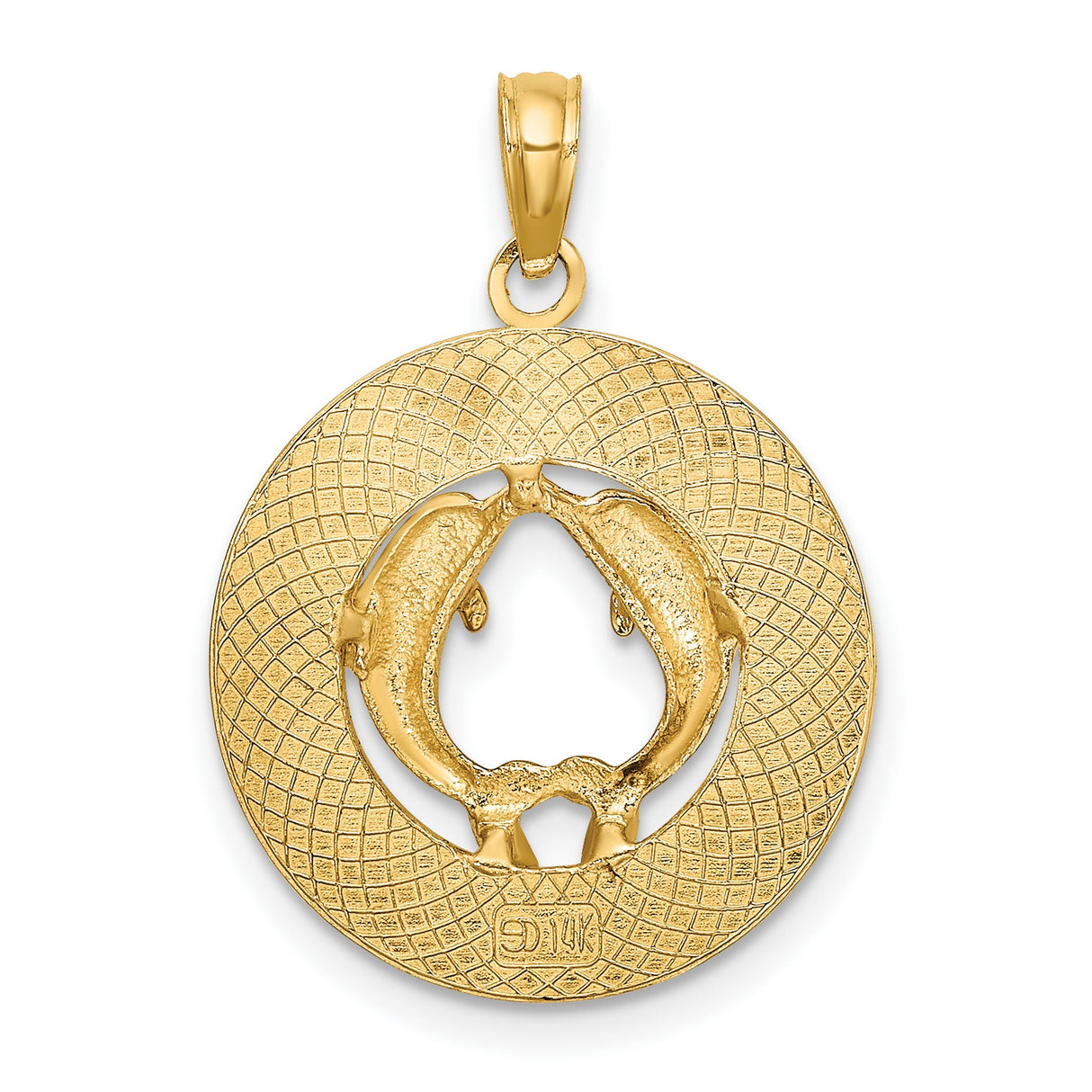MIAMI BEACH Round Frame Dolphins Charm Pendant in Real 14k Yellow Gold