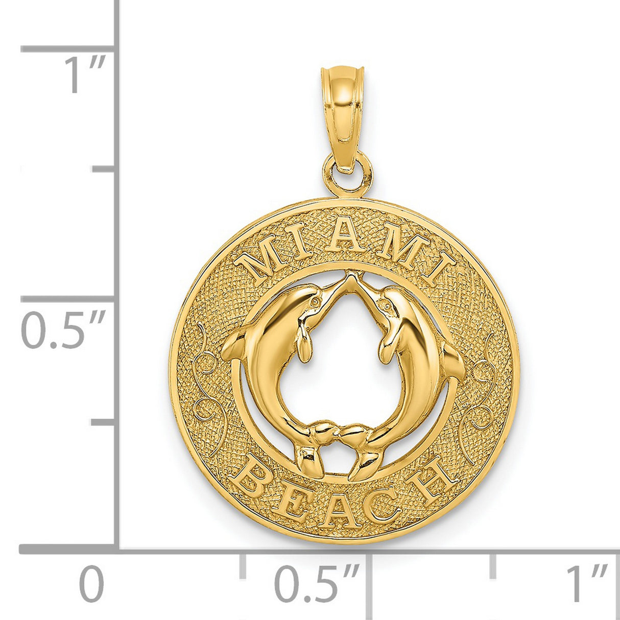 MIAMI BEACH Round Frame Dolphins Charm Pendant in Real 14k Yellow Gold