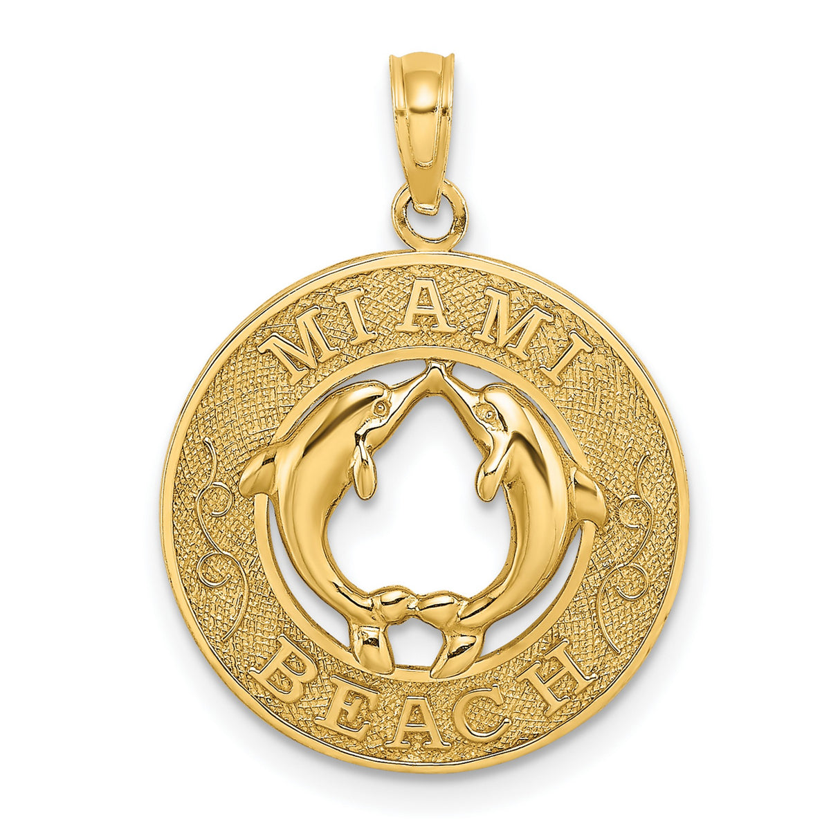 MIAMI BEACH Round Frame Dolphins Charm Pendant in Real 14k Yellow Gold