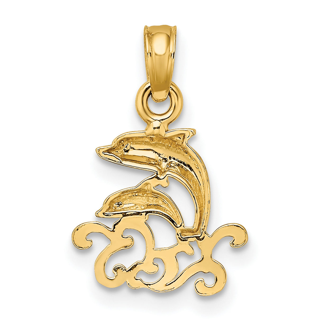 14k Yellow Gold Dolphin Pendant with Double Dolphin and Ocean Wave Design