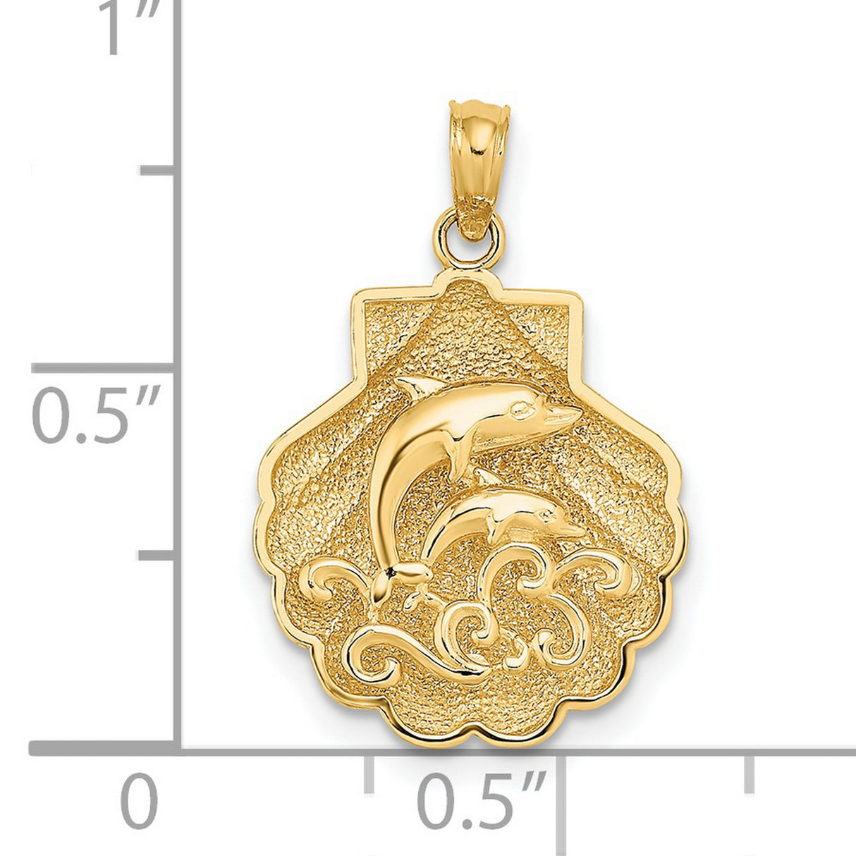 14k Yellow Gold Dolphin Pendant with Jumping Dolphins and Scallop Shell Ocean Theme
