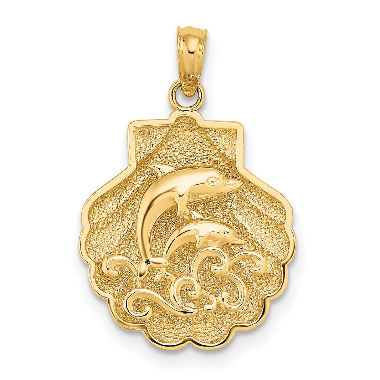 14k Yellow Gold Dolphin Pendant with Jumping Dolphins and Scallop Shell Ocean Theme