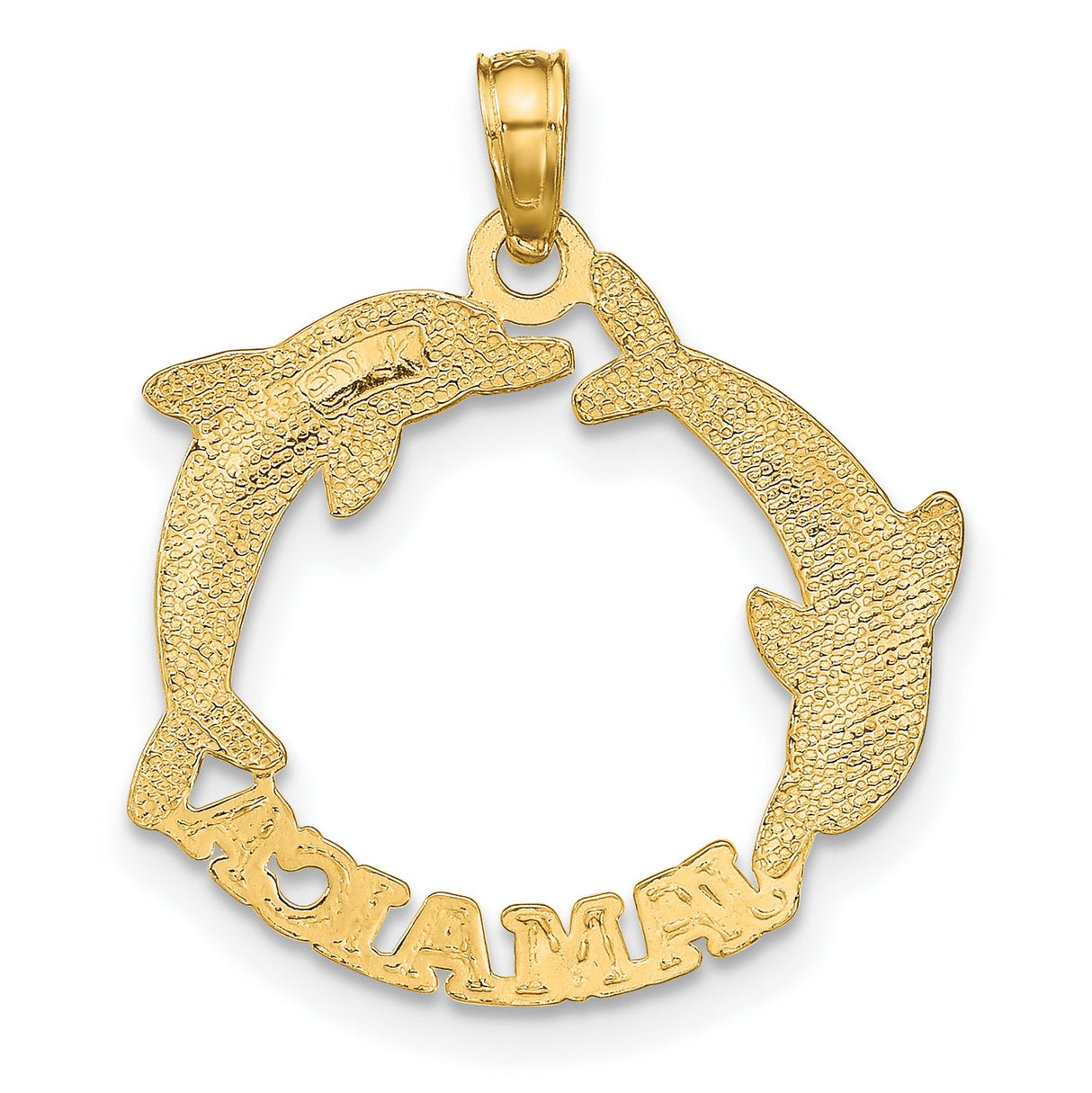 14k Yellow Gold Dolphin Pendant, Two Dolphins Forming Circle with Jamaica Word, Ocean Theme Charm