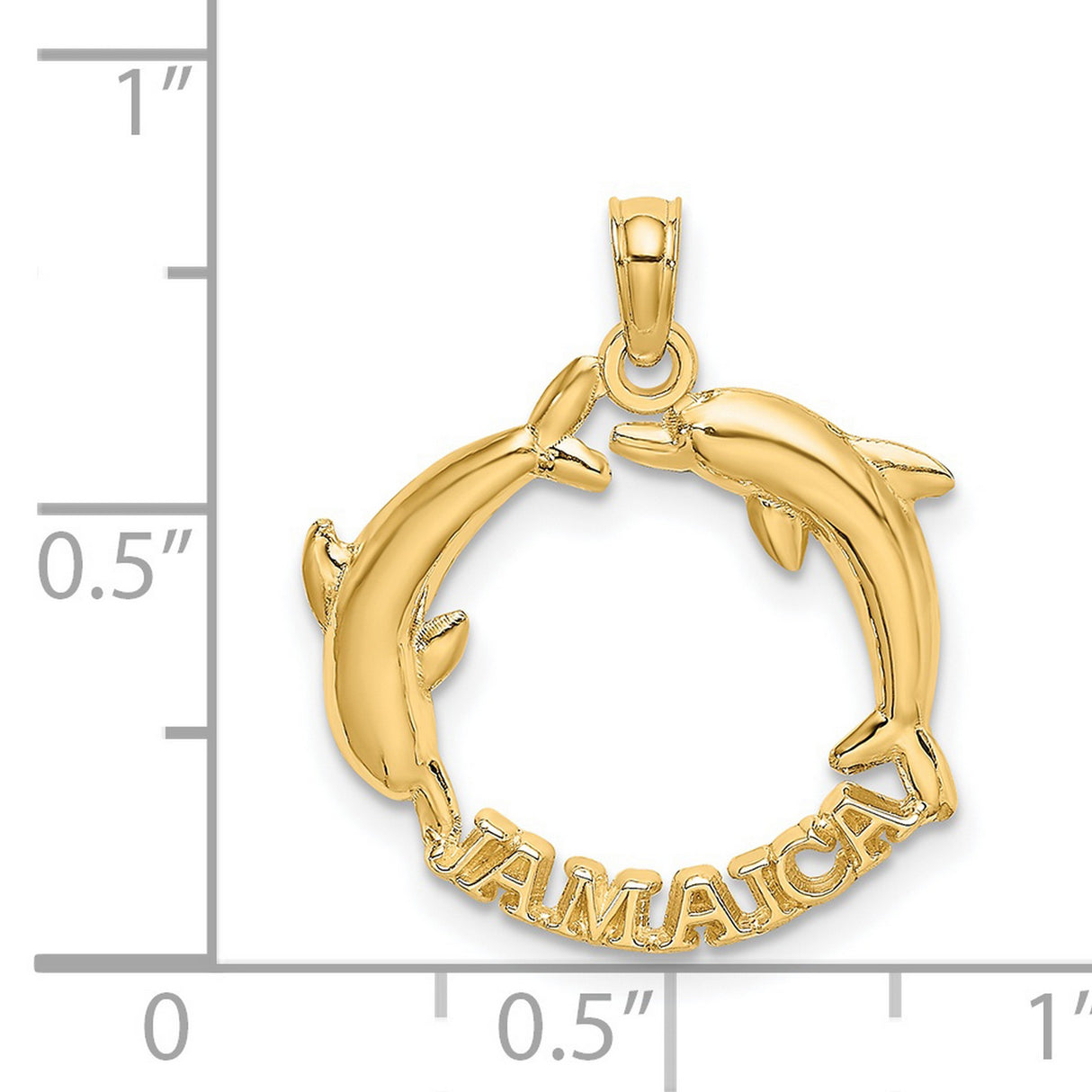 14k Yellow Gold Dolphin Pendant, Two Dolphins Forming Circle with Jamaica Word, Ocean Theme Charm