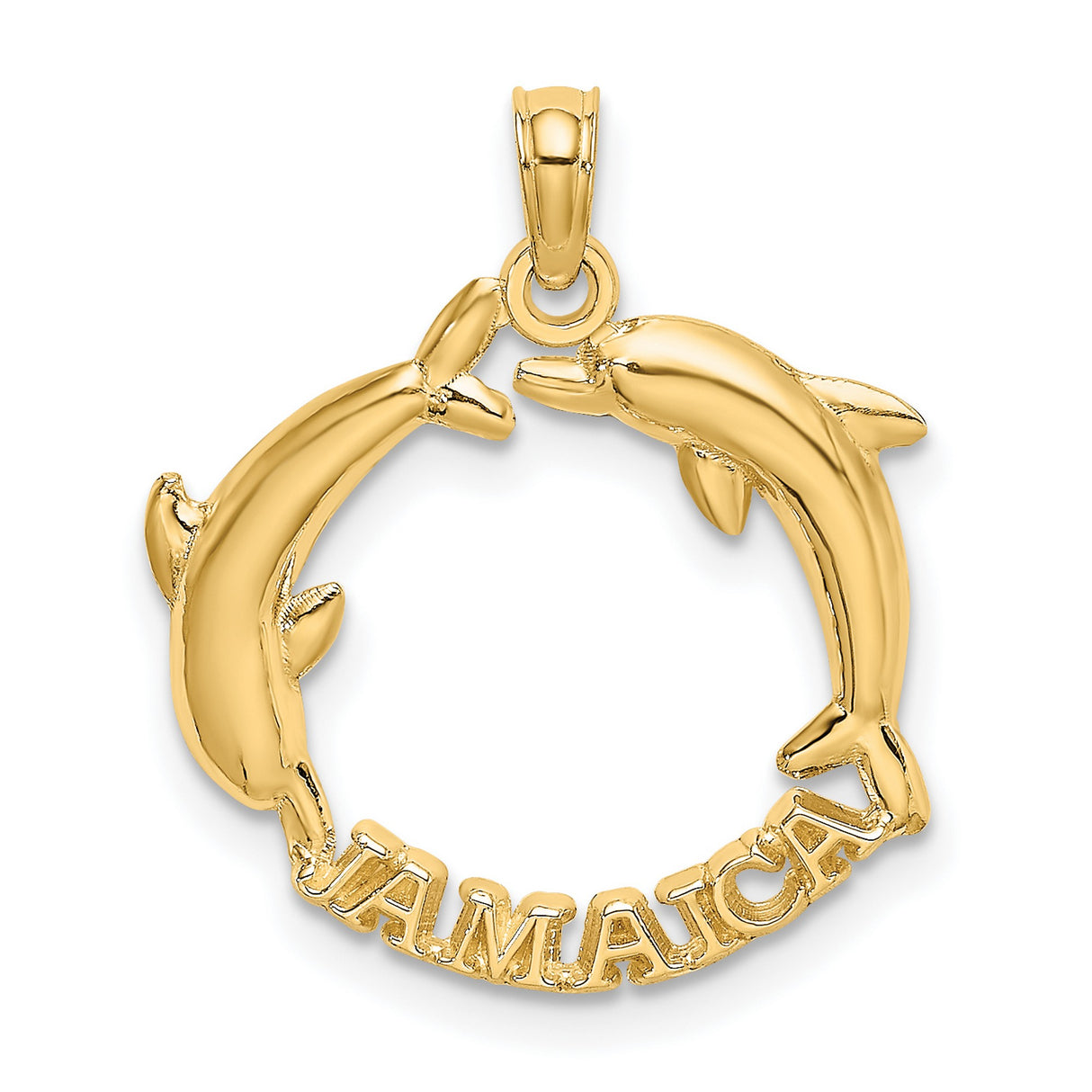 14k Yellow Gold Dolphin Pendant, Two Dolphins Forming Circle with Jamaica Word, Ocean Theme Charm