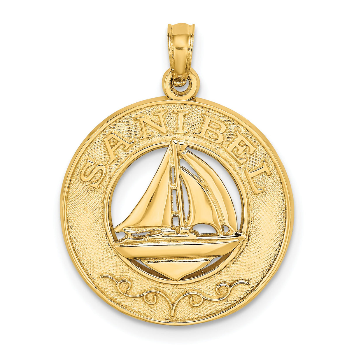 14k Yellow Gold Sailboat Pendant with Sanibel Engraving, Nautical Beach Charm