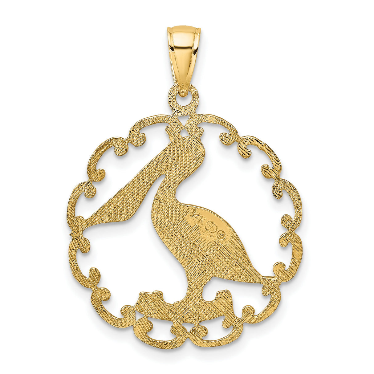14k Yellow Gold Pelican Pendant with Bird on Branch in Ornate Circle Frame