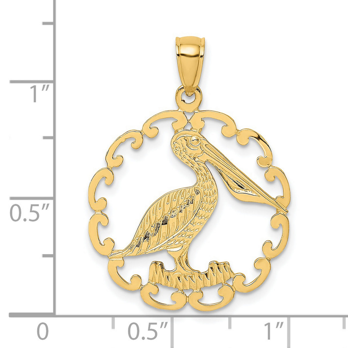 14k Yellow Gold Pelican Pendant with Bird on Branch in Ornate Circle Frame