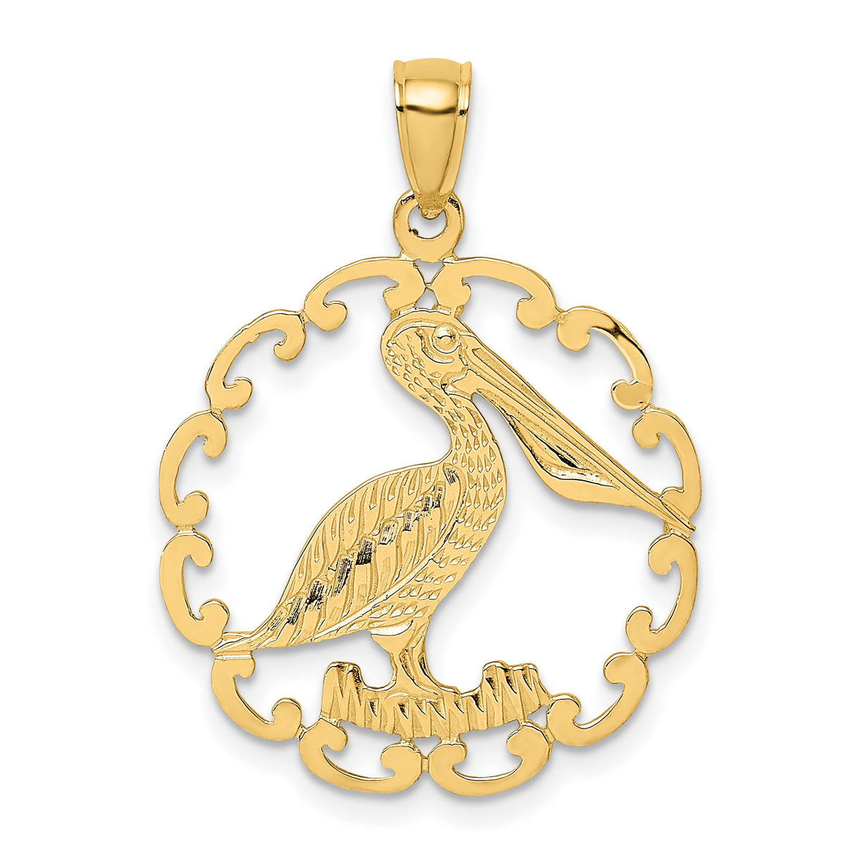 14k Yellow Gold Pelican Pendant with Bird on Branch in Ornate Circle Frame