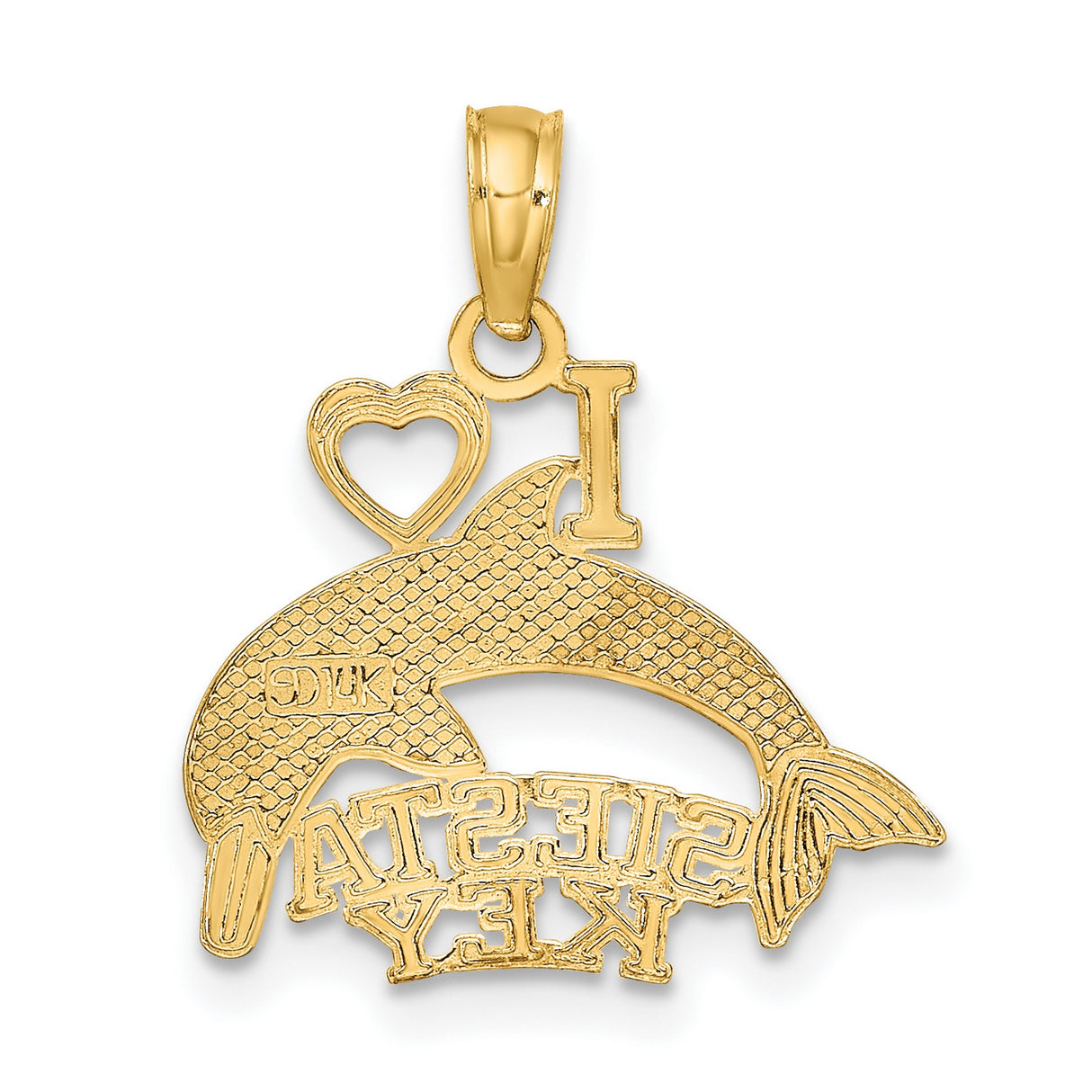14k Yellow Gold Dolphin Pendant with I Love Siesta Key Heart Design