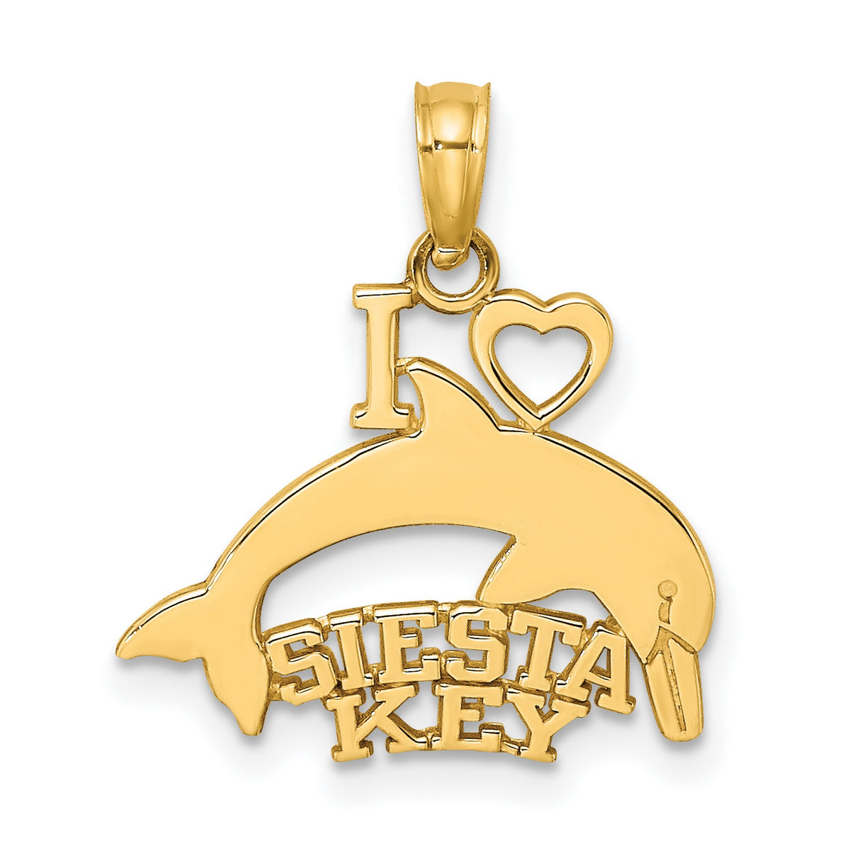 14k Yellow Gold Dolphin Pendant with I Love Siesta Key Heart Design