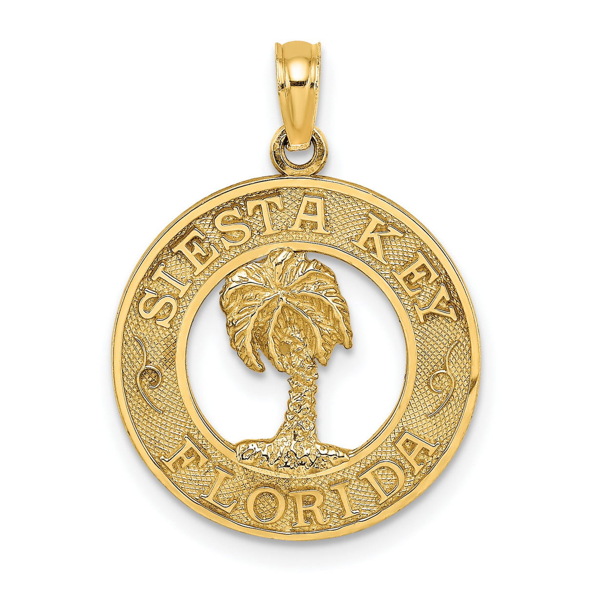 14k Yellow Gold Round Pendant with Siesta Key Florida Palm Tree Design