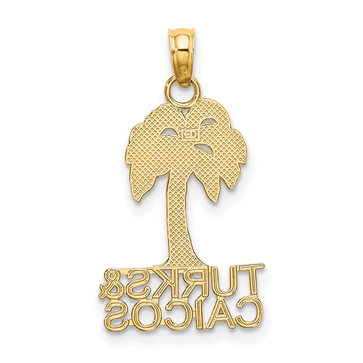 14k Yellow Gold Palm Tree Pendant with Turks and Caicos Engraving, Tropical Island Charm