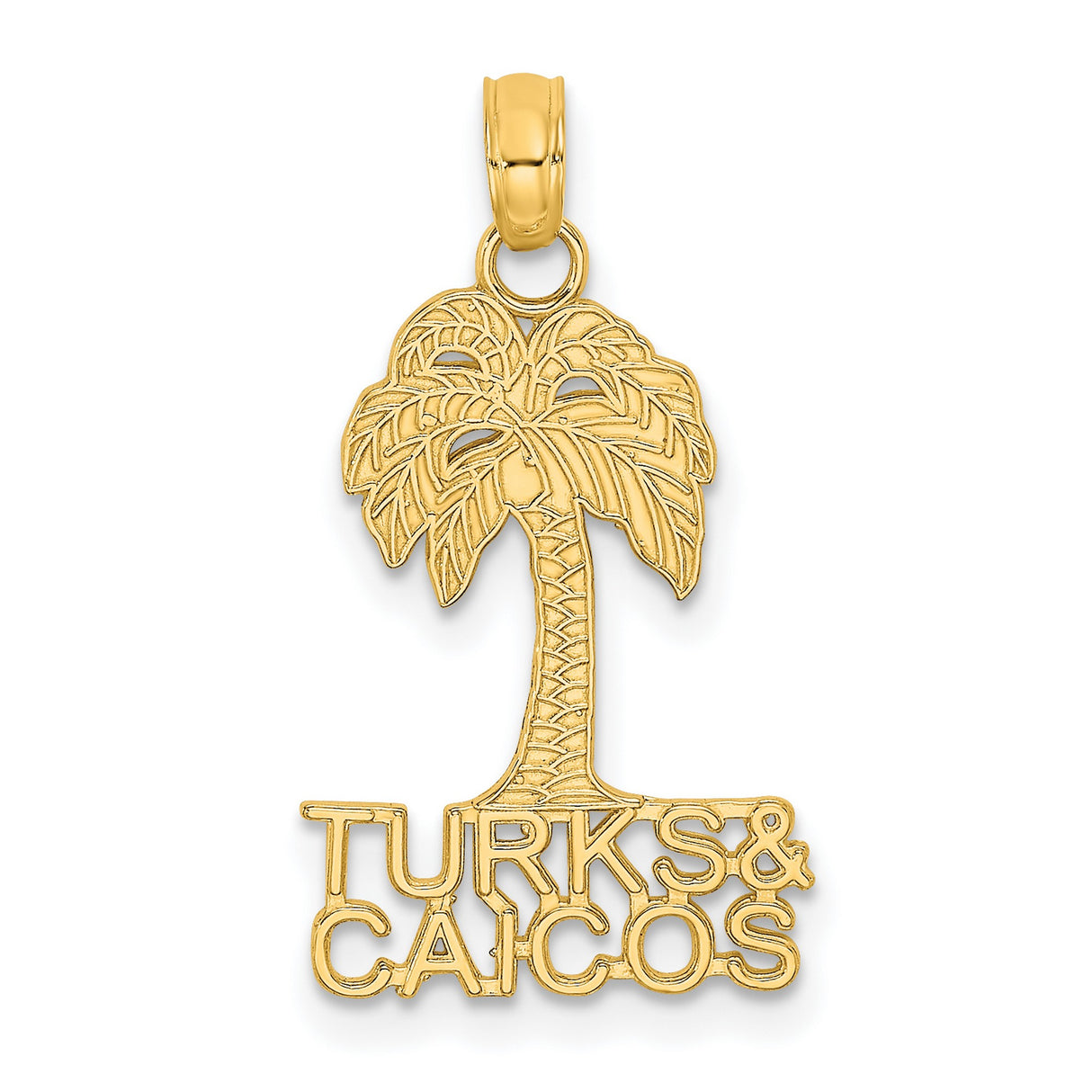 14k Yellow Gold Palm Tree Pendant with Turks and Caicos Engraving, Tropical Island Charm
