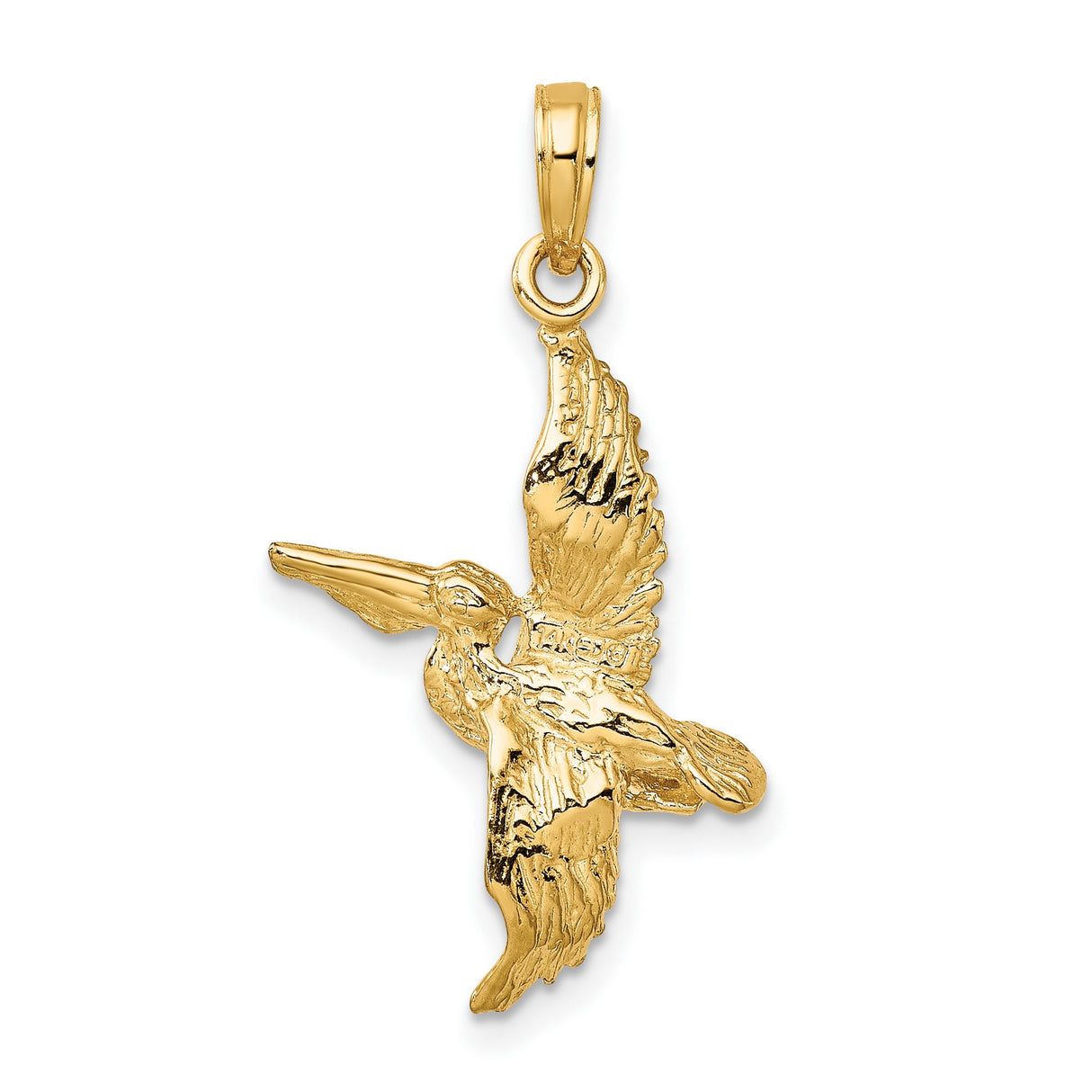 14k Yellow Gold Flying Pelican Pendant, Textured Bird Charm, Nautical Nature Jewelry for Men and Women