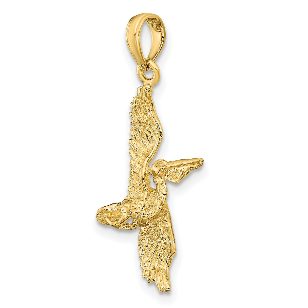 14k Yellow Gold Flying Pelican Pendant, Textured Bird Charm, Nautical Nature Jewelry for Men and Women