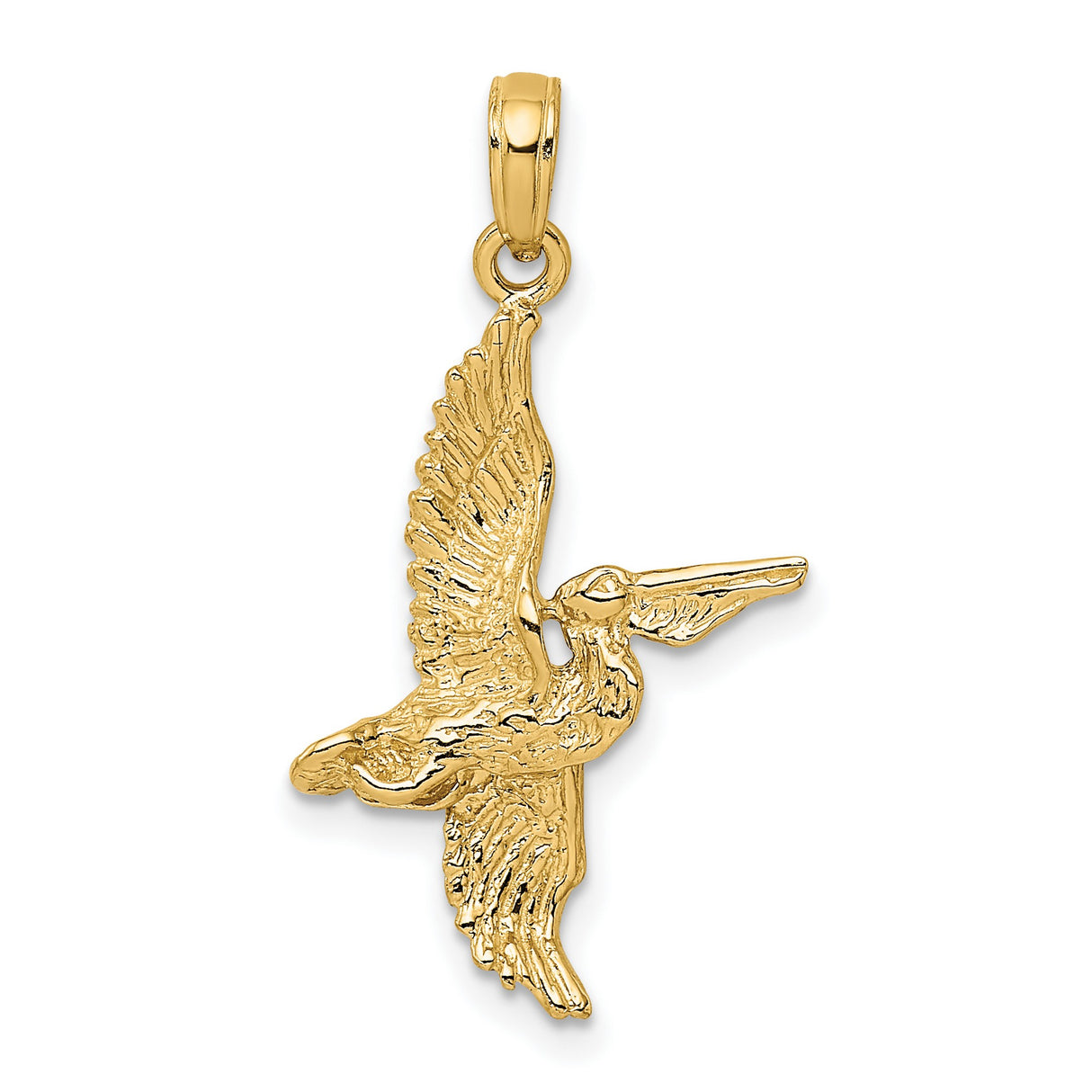 14k Yellow Gold Flying Pelican Pendant, Textured Bird Charm, Nautical Nature Jewelry for Men and Women