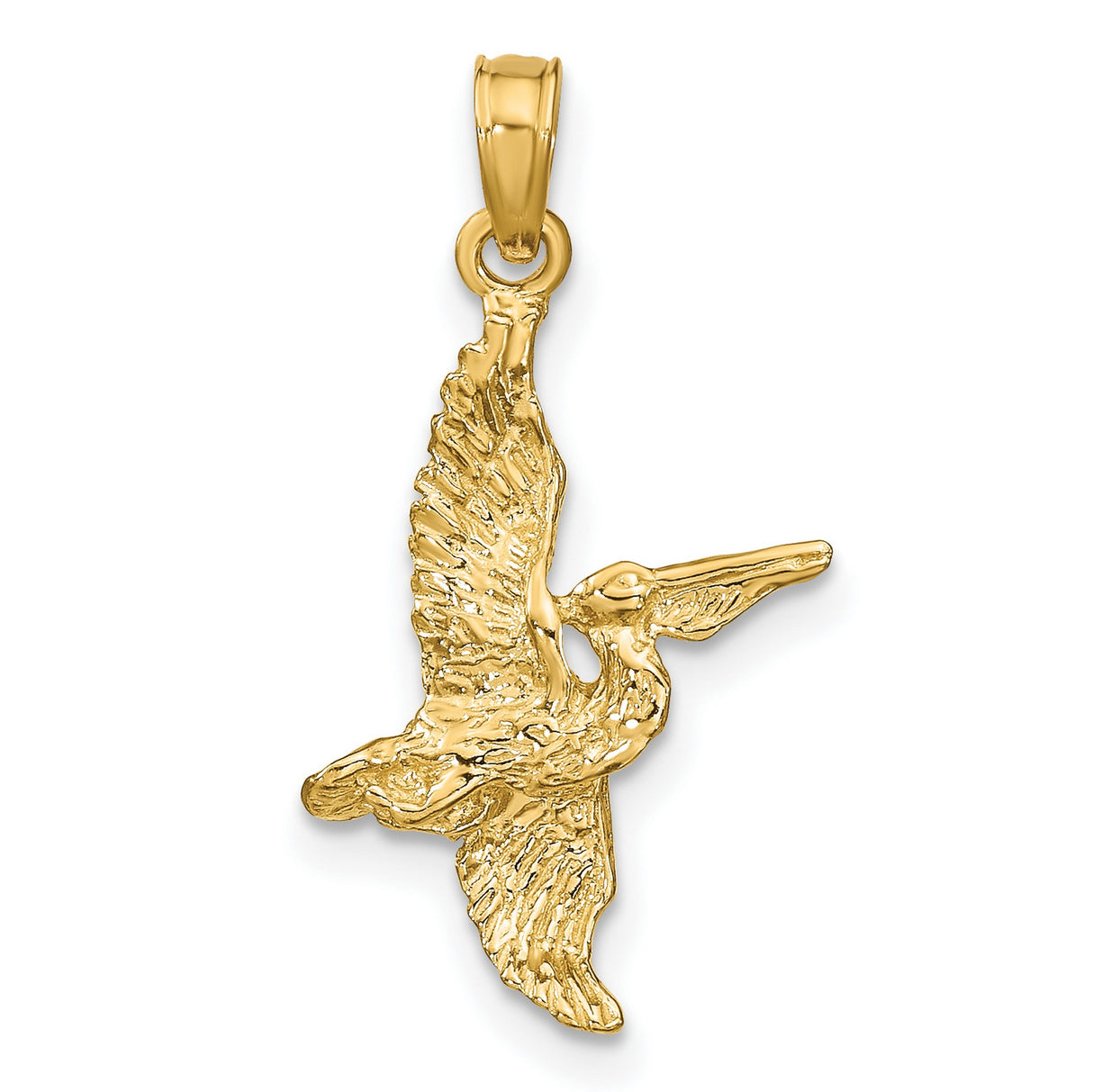 14k Yellow Gold Pelican Pendant with Flying Bird Design, Nature-Inspired Coastal Charm