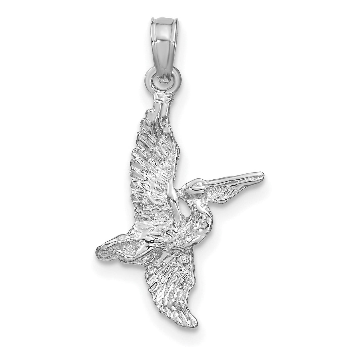 14k White Gold Pelican Pendant with Realistic Bird in Flight Design