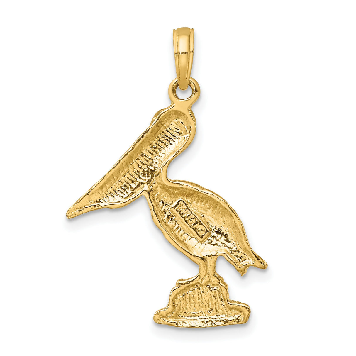 14k Yellow Gold Pelican Pendant, Detailed Coastal Bird Standing on Rock, Nautical Wildlife Charm
