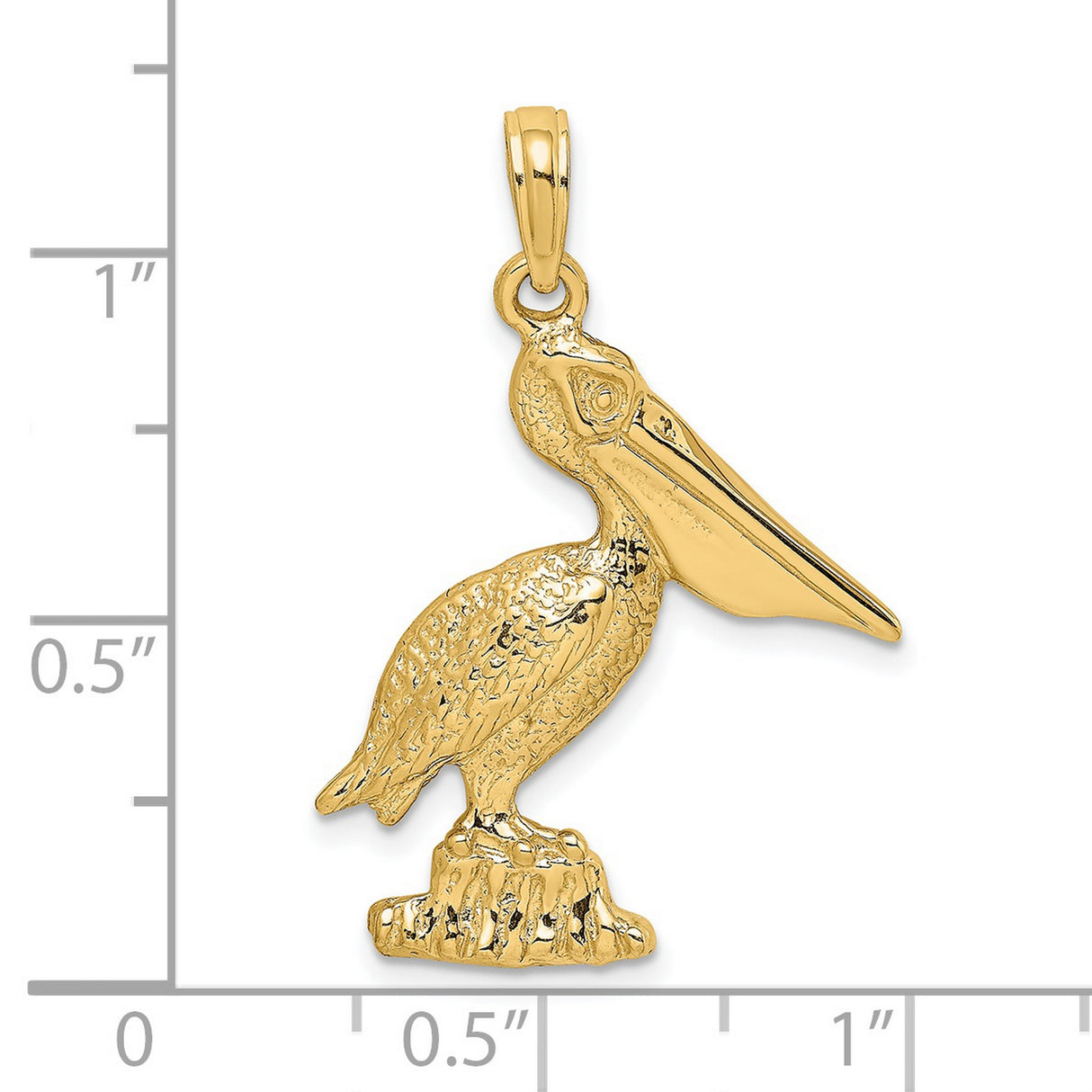 14k Yellow Gold Pelican Pendant, Detailed Coastal Bird Standing on Rock, Nautical Wildlife Charm